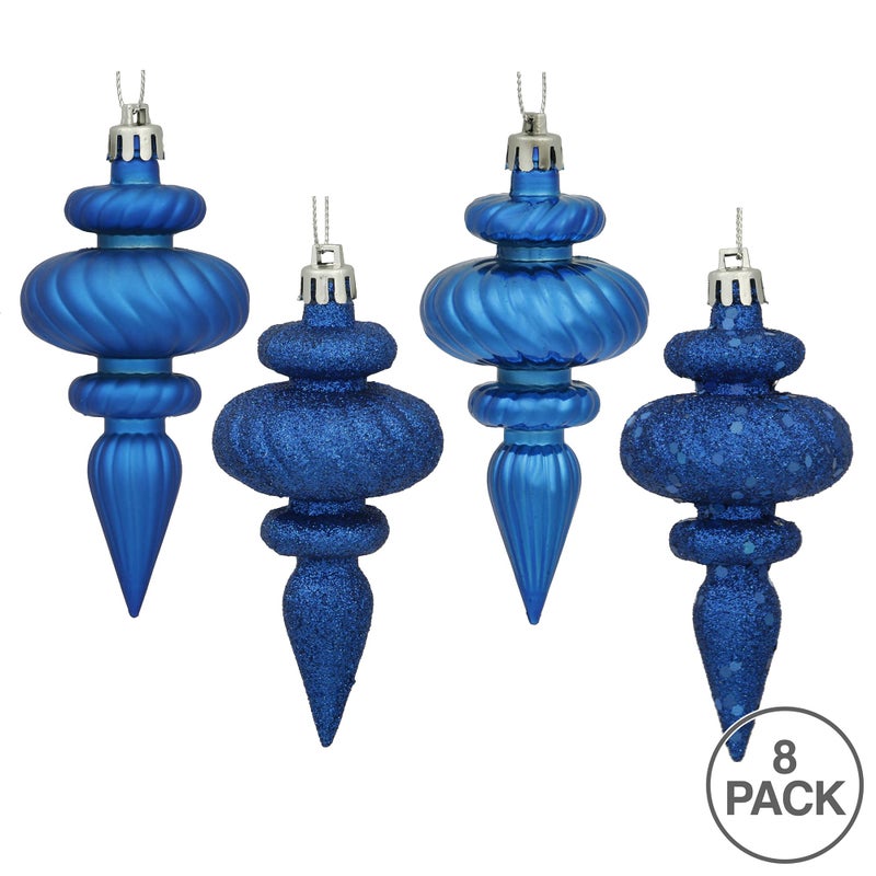 Vickerman 4" 4-Finish Finial Ornament, Shatterproof Plastic Christmas Tree Decoration, 8 Pack, Blue Shiny, Matte, Glitter and Sequin Finishes - Image 2